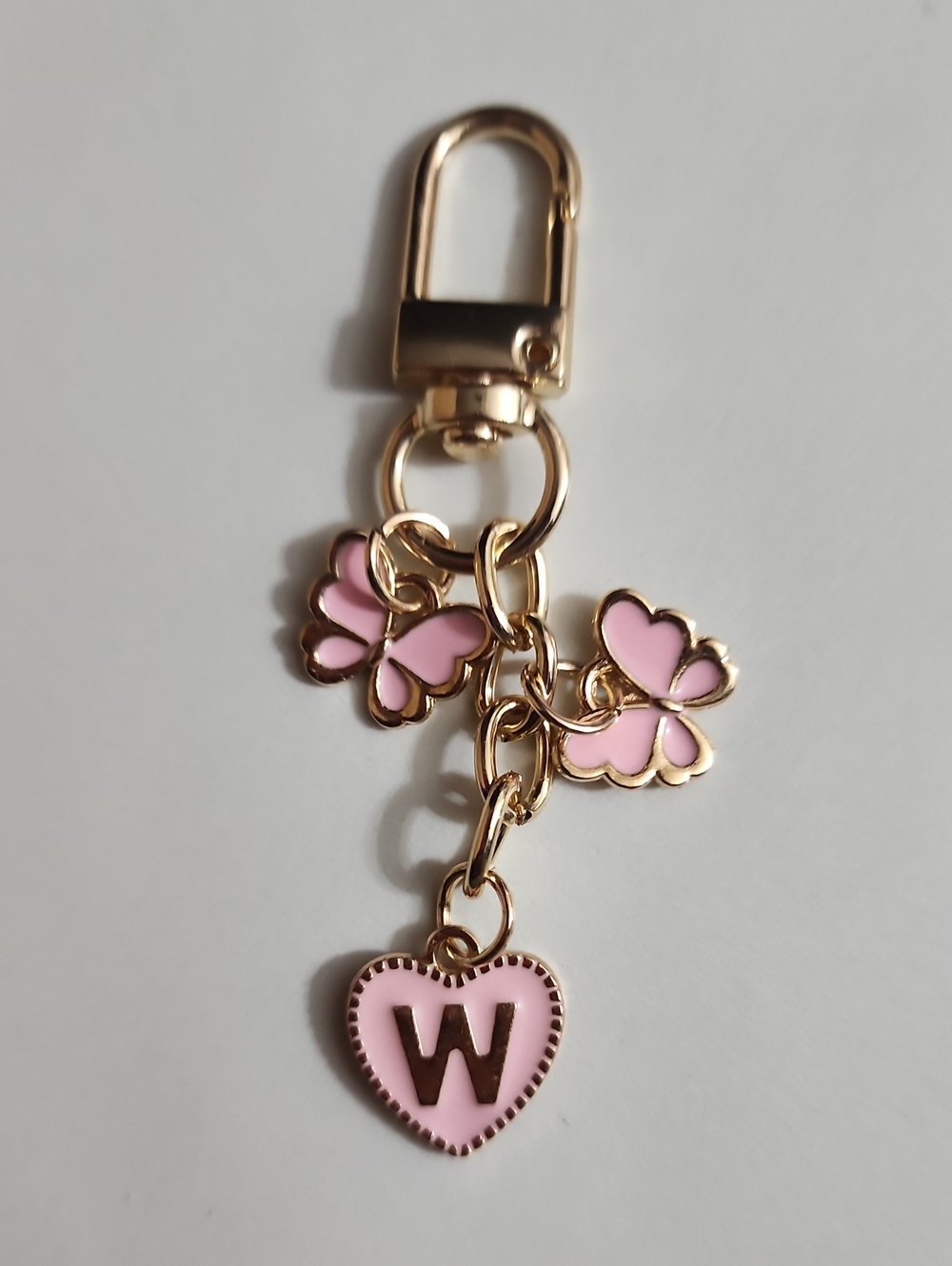 Gold Pink Butterfly & Heart Initial 'W' Keychain Charm
